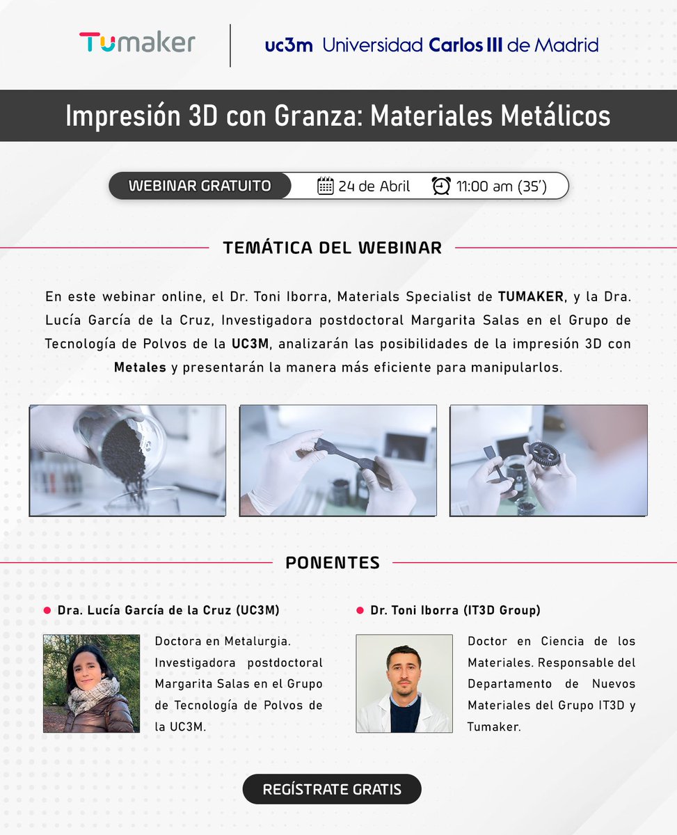 🔴 WEBINAR GRATUITO |
Impresión 3D con Granza: #Metales

El Dr. Toni Iborra (<a href="/It3dgroup/">IT3D GROUP</a>) y la Dra. Lucia Garcia de la Cruz (<a href="/uc3m/">UC3M</a>) conducirán el webinar el próximo miércoles 24 de abril a las 11:00 (CEST).

Regístrate gratis en: formacion.it3d.com/webinar/Impres… 

#Pellets