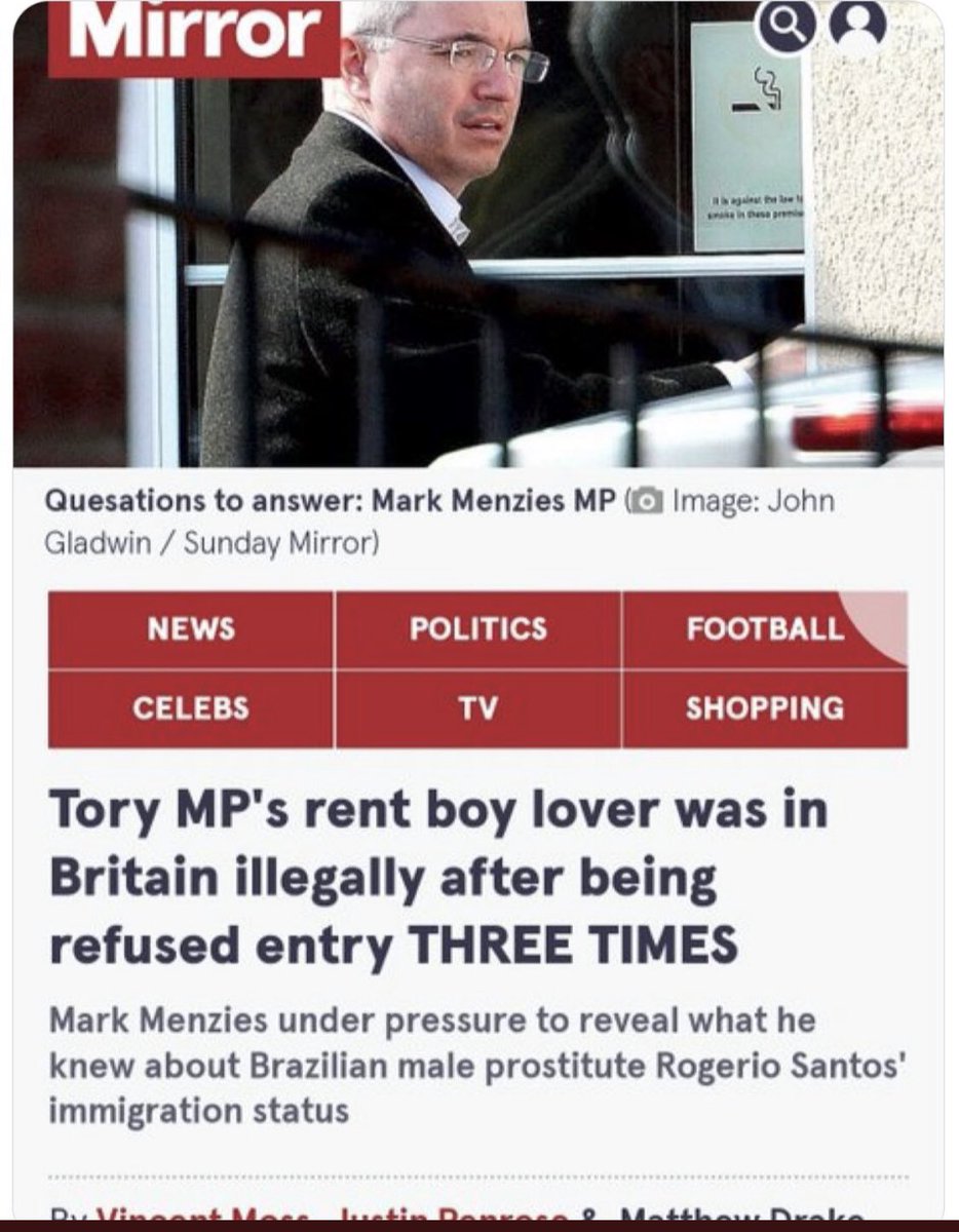 TORY BRITAIN IS UTTERLY VILE🏳️‍🌈🏳️‍🌈

Disgraced Homo Tory MP Mark Menzies had rent boys who were ILLEGAL migrants!

The Tory party are an utter disgrace!

#ToryBritain