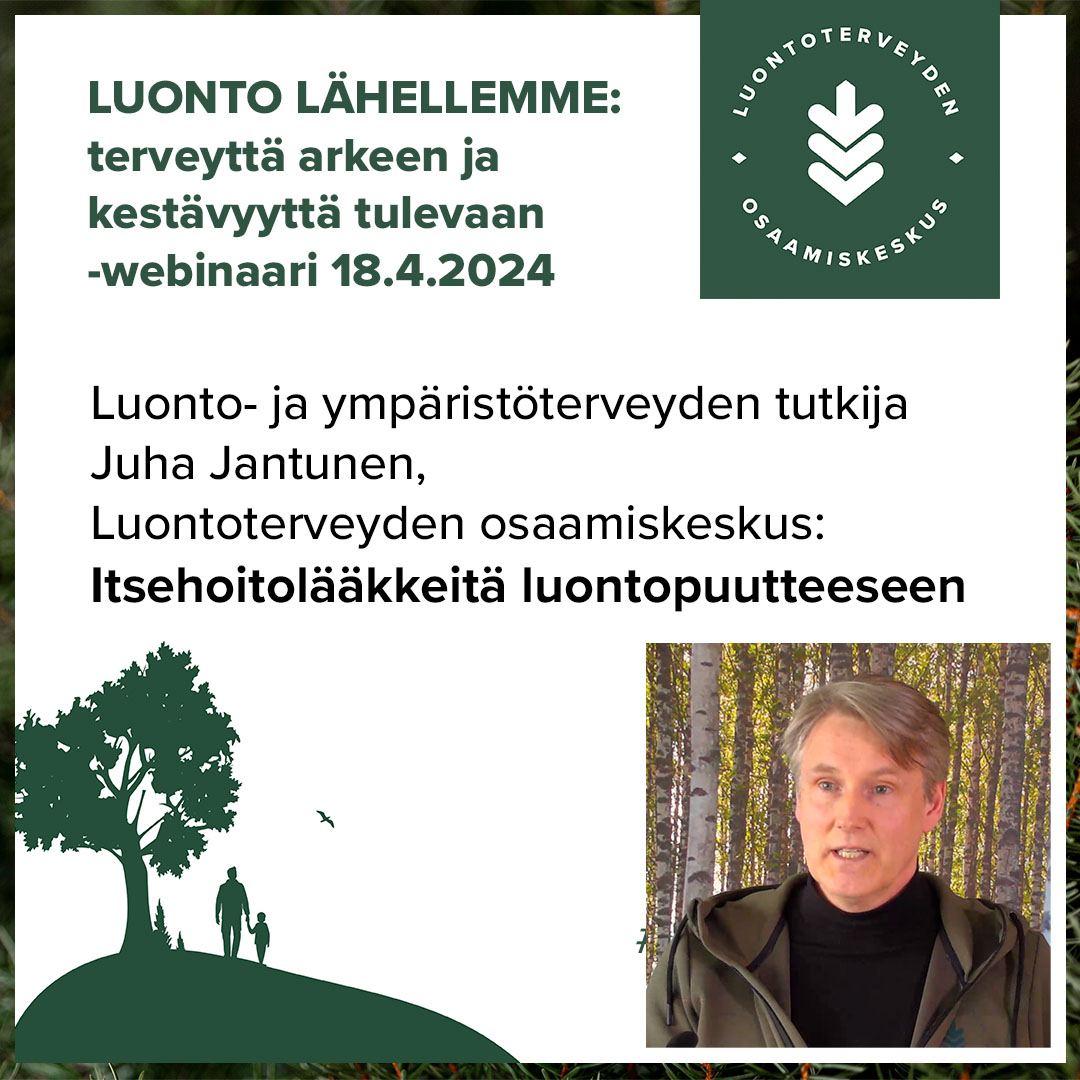 Liikkumattomuuden kustannukset ovat Suomessa 3,2 mrd./vuosi. Luonnossa paljon liikkuvat käyttävät vähemmän mieliala- verenpaine- ja astmalääkkeitä. Terveysvaikutuksia on monimuotoisella luonnolla. Vastustuskykyä saa luonnon mikrobeista, sanoi tutkija Juha Jantunen. #luontoterveys