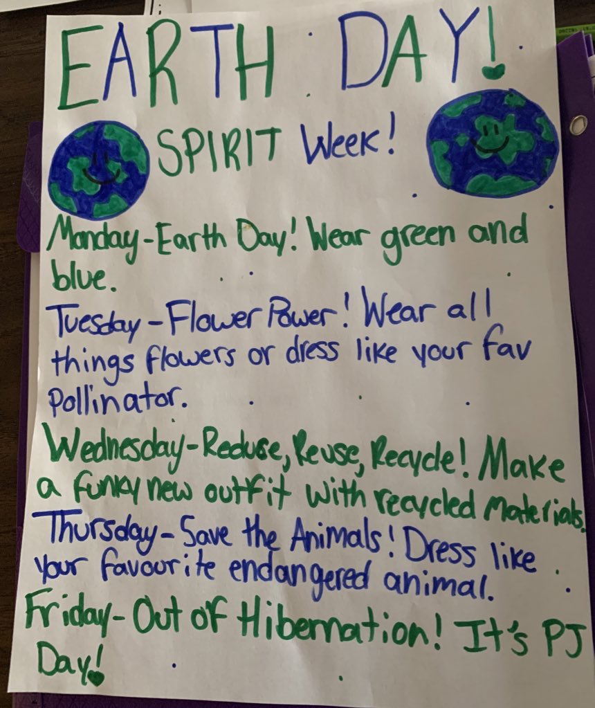 Earth Day Spirit week is next week! <a href="/RockyElementary/">Rocky Lake Elementary</a>