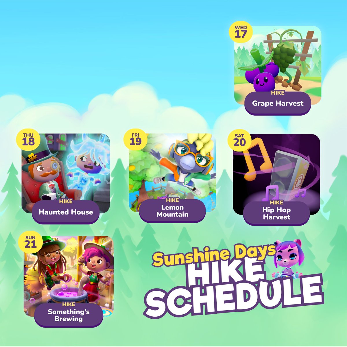 The sun is high in the sky, it's another bright day in Sunshine Valley and here's this weeks' Hike schedule - if you're looking for Villagers to meet, or play with - heading to the hikes across the Valley is a great way to meet Villagers and share Good Vibes ❤️

#SunshineDays