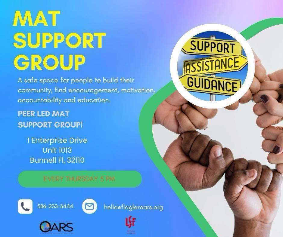 🌟 Join us at Flagler OARS for our Medication Assisted Treatment (MAT) support group every Thursday night from 5:00pm-6:00pm. Let's build a supportive community together, find encouragement, and gain valuable education. 🤝🩵🫶 🌐 flagleroars.org #flagleroars #peersupport