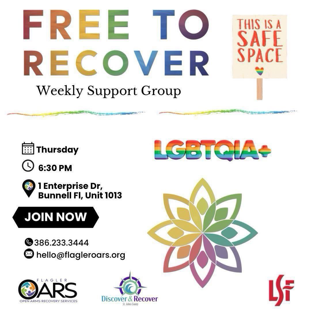 🤝 Join us for our peer support group FREE TO RECOVER every Thursday at 6:30PM. We meet at our safe space for all located at 1 Enterprise Drive, Unit 1013, Bunnell Fl. 🌈 Call 386-233-3444 🌐 flagleroars.org #flagleroars #freetorecover #safespace #lgbtqia #peersupport