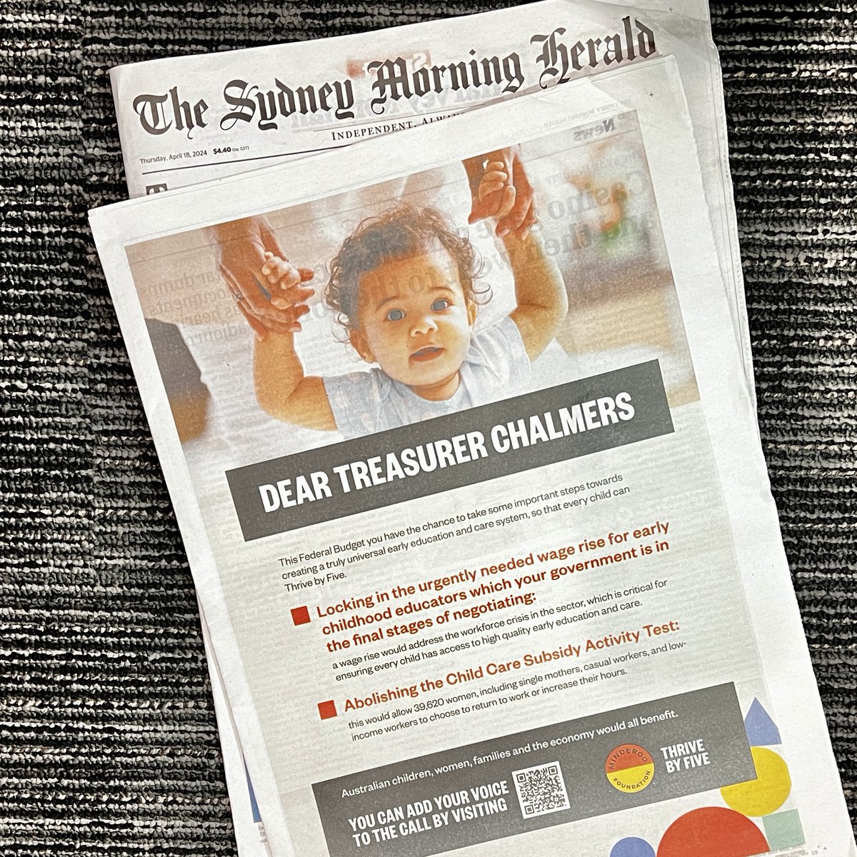 Have you seen today's Sydney Morning Herald? 

@thrivebyfivecampaign has a full-page ad calling on Treasurer Jim Chalmers to fund wage rises in the upcoming budget to address the staffing crisis in the early childhood education and care sector.

#auspol #ozearlyed
