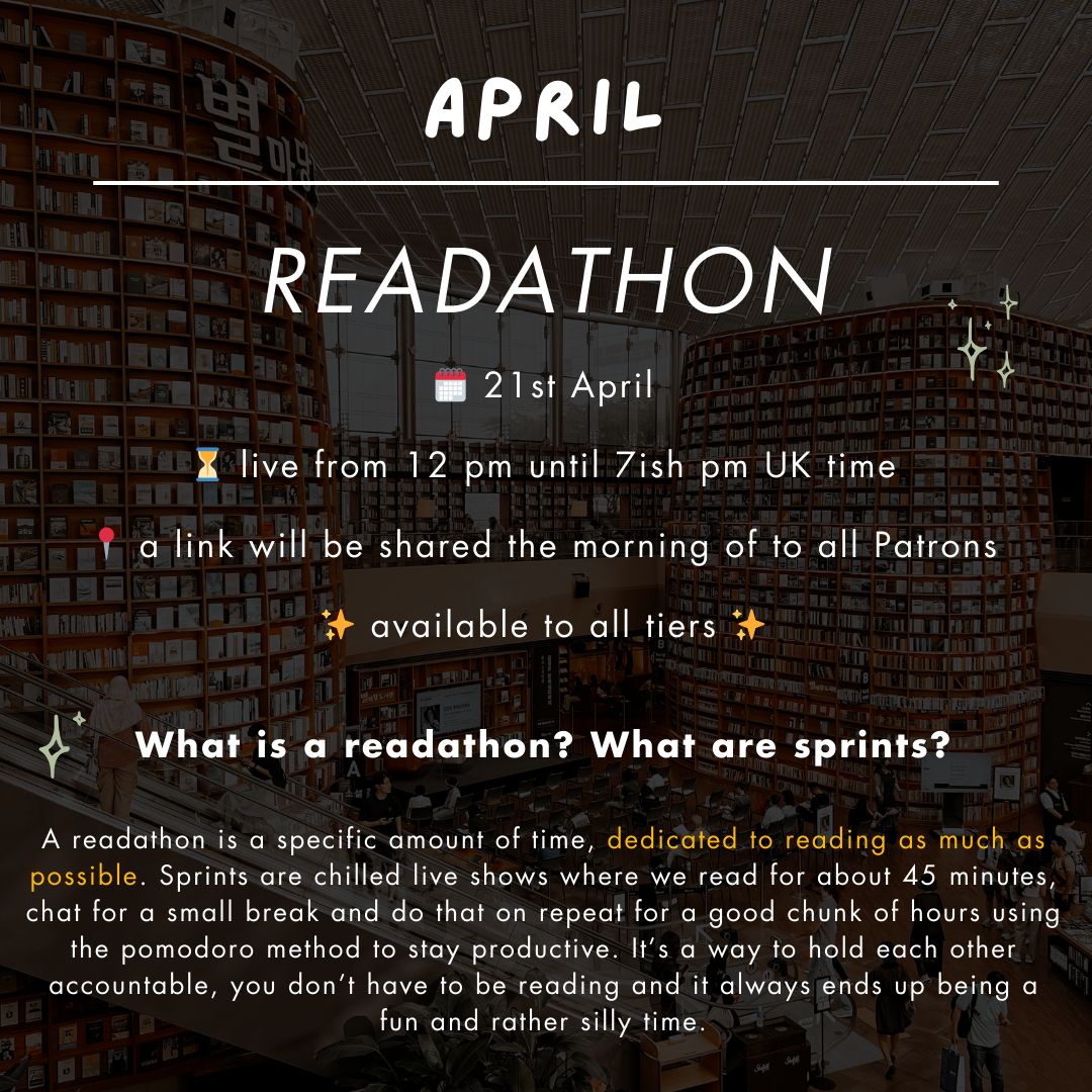 I'm hosting a Patreon readathon this Sunday with @fictiontea. We'll be live from 12 pm for lots of reading and motivation! 📚 If you'd like to join us, this is available to all tiers of my Patreon, so you can join from £1 ✨ buff.ly/3vOKL6a