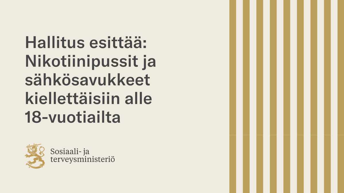 Hallitus esittää, että nikotiinipussit otettaisiin kattavammin tupakkalain piiriin. Tavoitteena on ehkäistä nikotiinipussien käyttöä nuorten keskuudessa ja korvata laiton nuuska laillisesti myydyillä nikotiinipusseilla. STM tiedote: stm.fi/-/hallitus-esi…