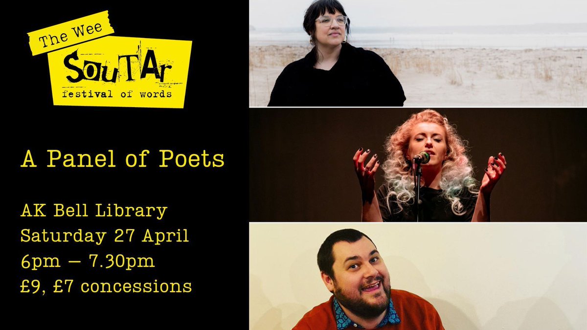 Join our Soutar poets, Hannah Lavery (@HanLavery), @imogen_stirling and Ross MacKay, as they return to AK Bell Library to discuss their recent work, creative processes, and the shared experience of becoming a Soutar Poet. 🗓️ Sat 27 Apr / 6pm 🎟️'s buff.ly/4aDSfYS