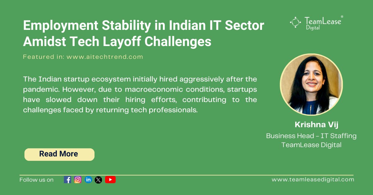 Krishna Vij, Business Head-IT Staffing, @TeamLeaseDGT got featured in @AITechTrend in the article titled 'Employment Stability in Indian IT sector Amidst Tech Layoff Challenges'.

Read more: bit.ly/3W4ItdU

#techjobs #techindustry #itindustry #itjobs #techemployment #ai