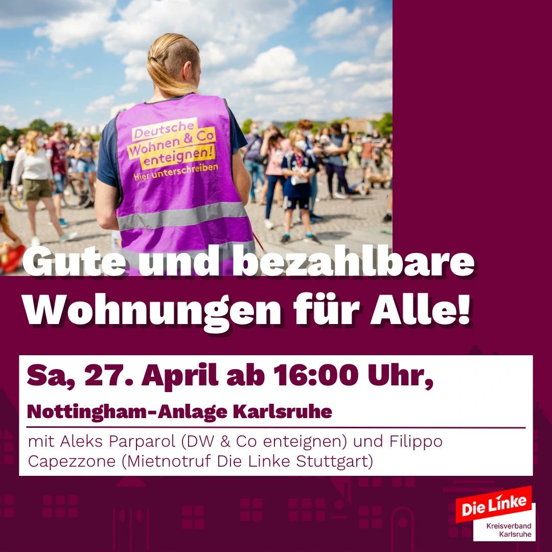 DieLinke_KA's tweet photo. Die Scheiß Mieten sind zu hoch!

Nächste Woche Samstag kommt Aleks Parparol (@dwenteignen) um von der Kampagne zur Enteignung in Berlin zu berichten, @FilippoCapezzo1 berichtet vom Mietennotruf Stuttgart.

Kommt vorbei und informiert euch was man tun kann!
#KarlsruheMitLinks https://t.co/NB7obFAuY8