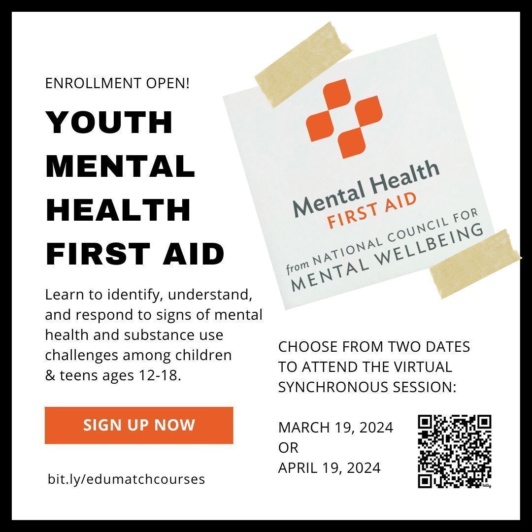 Empower yourself to support youth mental health! Join our Youth Mental Health First Aid course 📚 Learn to identify, understand, and respond to mental health & substance use challenges in teens (12-18). Sign up now! bit.ly/edumatchcourses #YouthMentalHealth #BeTheChange