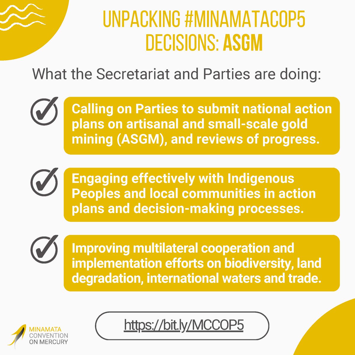 Unpacking #MinamataCOP5 decisions 📁

To #MakeMercuryHistory in artisanal & small-scale gold mining (#ASGM), national action plans must be implemented & their progress reviewed, while effectively engaging #IndigenousPeoples & local communities.

All info👉bit.ly/MCCOP5