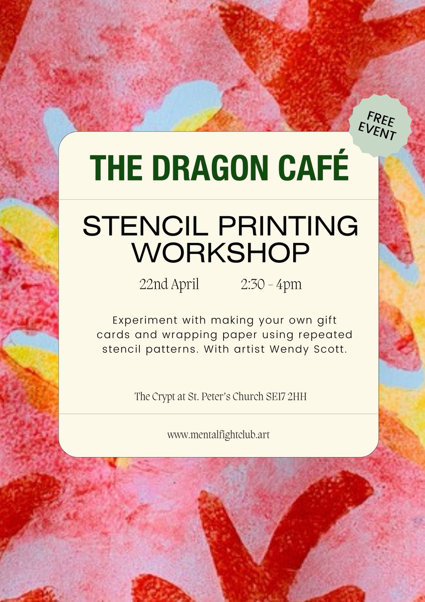 Come and get creative at The Dragon Café on Monday 22nd April! We have lots of amazing *FREE* workshops lined up this week, including a Stencil Printing workshop, Singing Group, Danceworks, and Creative Writing! Head over to our website for more details: mentalfightclub.art/events/the-dra…