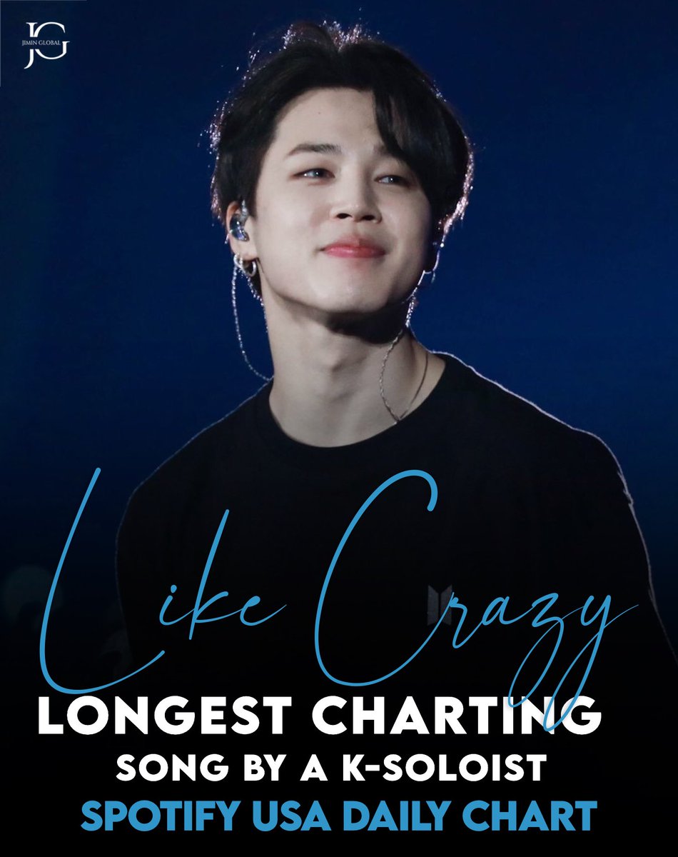 'Like Crazy' is now officially the longest-charting song by a K-soloist on Spotify USA Daily Top Songs chart in HISTORY 🇺🇸👏 It is also the 3rd longest-charting song by a K-Act on the chart! 🔥 Congratulations, Jimin! 🥳 SPOTIFY KING JIMIN