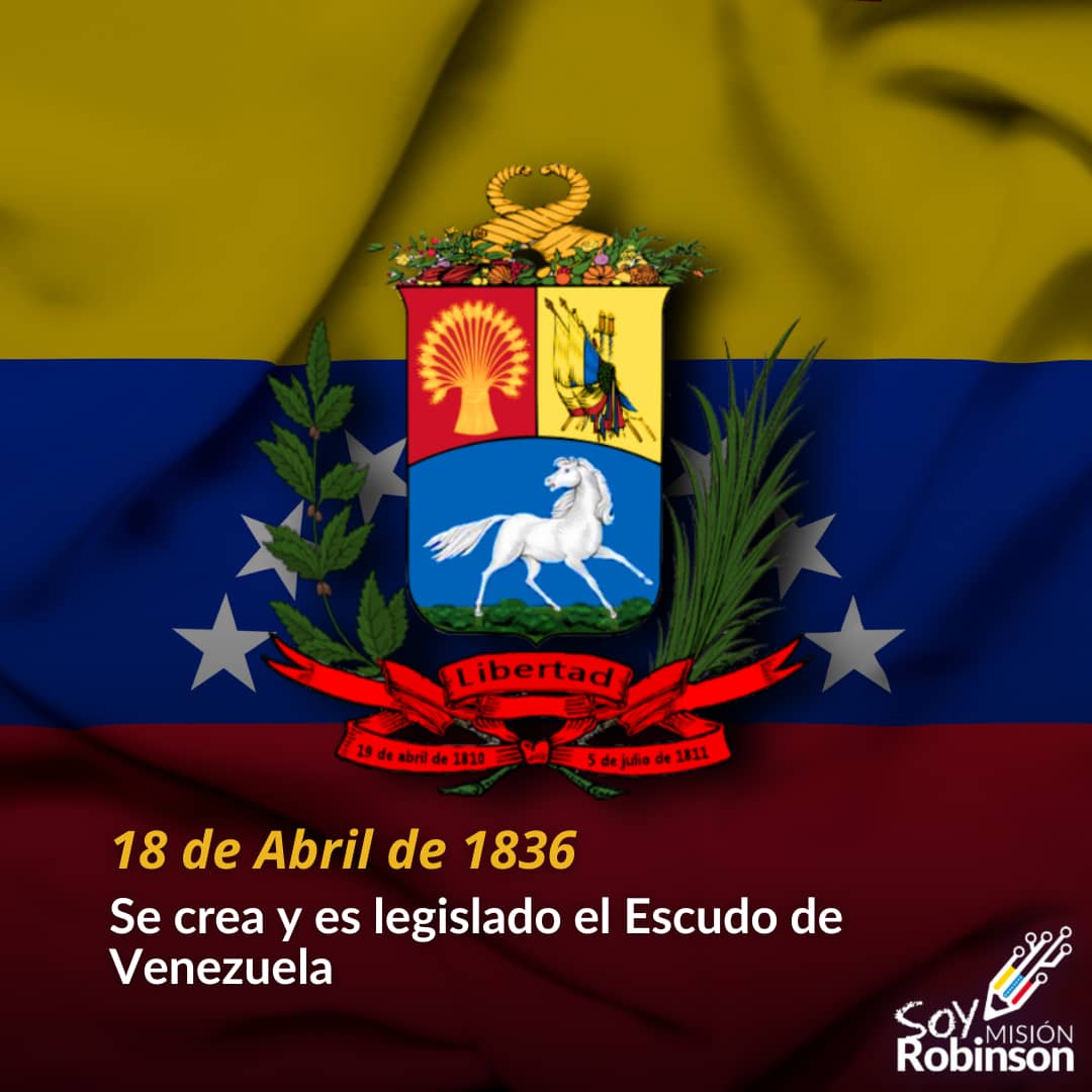 En el año de 1836 se crea y es legislado el Escudo de Venezuela, una versión que sustituiría al blasón de la Gran Colombia. Su nombre oficial es Escudo de Armas de la República Bolivariana de Venezuela. #BloqueoCero @NicolasMaduro @_LaAvanzadora @Sociabolivarian