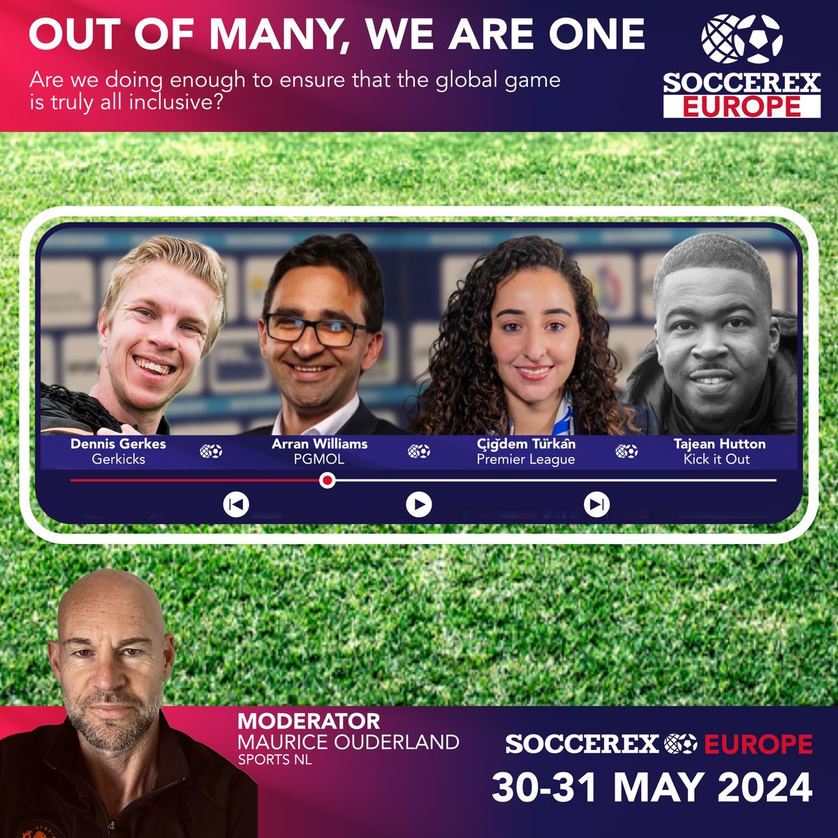 Out of many, we are one ⚽️💥 Join us at #soccerexeurope for a discussion on inclusion in football at the iconic @cruijffarena, this May 30th - 31st! Panellists include: 🗣️ Dennis Gerkes 🗣️ Arran Williams 🗣️ @CigdemTurkanHMT 🗣️ @TTHutton_ 🎙️ Moderated by Maurice Ouderland