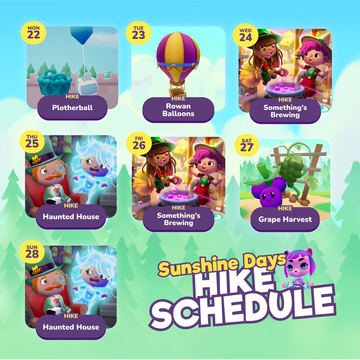 Happy Monday Villagers! ☀️

The sun is high in the sky, it's another bright day in Sunshine Valley and here's this weeks' Hike schedule - heading to the hikes across the Valley is a great way to meet Villagers and share Good Vibes 💚 💚 💚

#SunshineDays #CozyGames #IndieDev