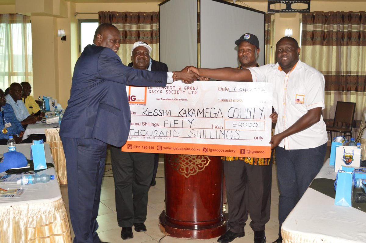 IGSACCOSOCIETY's tweet photo. IG Sacco proudly supported KESSHA Kakamega County AGM with Kes 50,000. Cheque handed to the KESSHA Chairman  Mr. Michael Ochiel by IG Sacco's Marketing &amp; PR Manager Mr. Kevin Ombuge. Former KESSHA Chairman Mr. Indimuli also attended. #IGSCACCO #CommunitySupport #KESSHA #IGSacco https://t.co/OtslZHqFNd