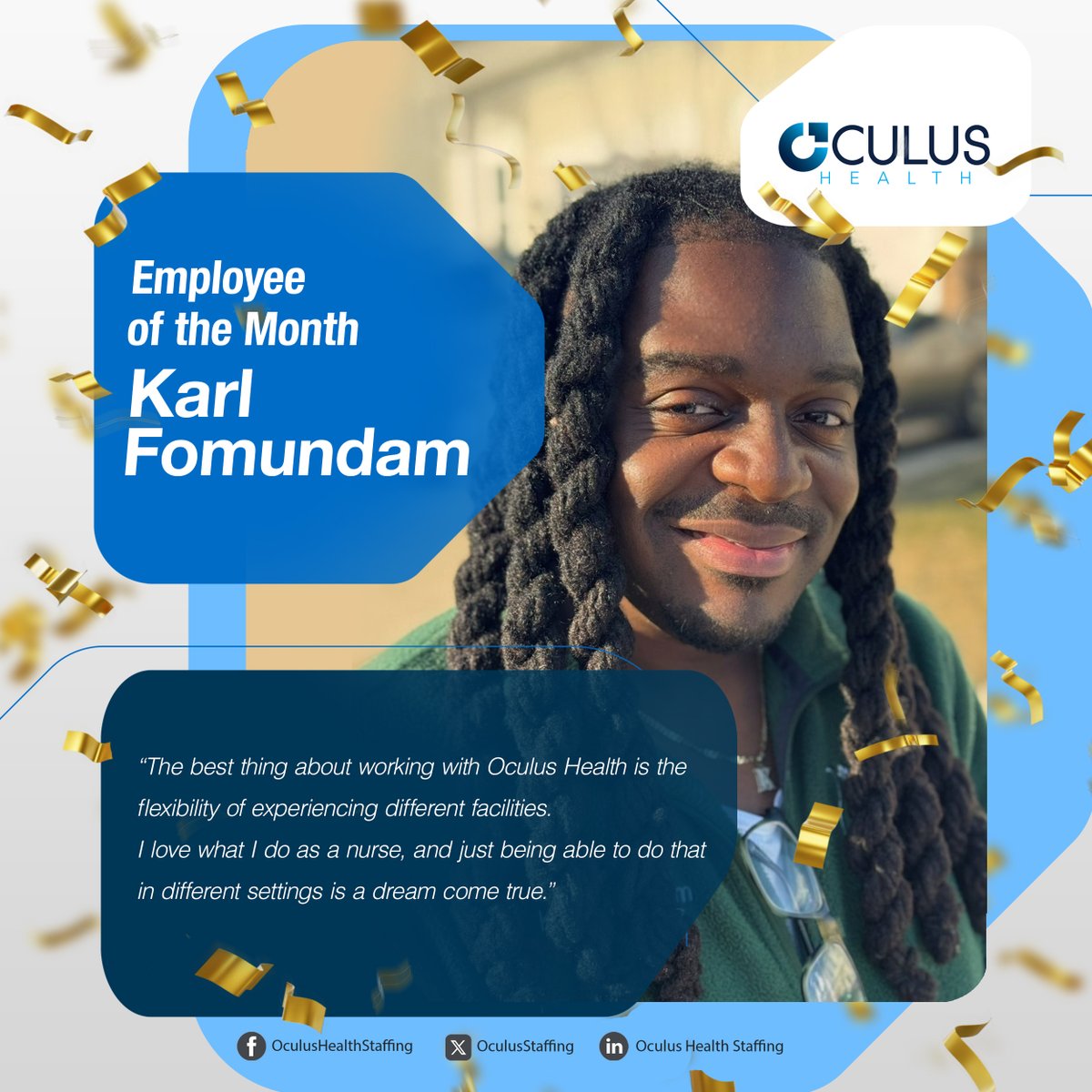 Our featured employee for April 2024 is Karl Fomundam!

Congratulations, Karl! We’re proud of you! 💙🎉

#OculusHealth #EmployeeOfTheMonth