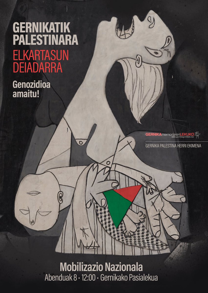'From Gernika to Palestine' Poster produced in December 2023 by Gernika Palestine organisation. Still the power of Picasso's nightmare of contorted utterly defenceless figures slain by faceless bombs
