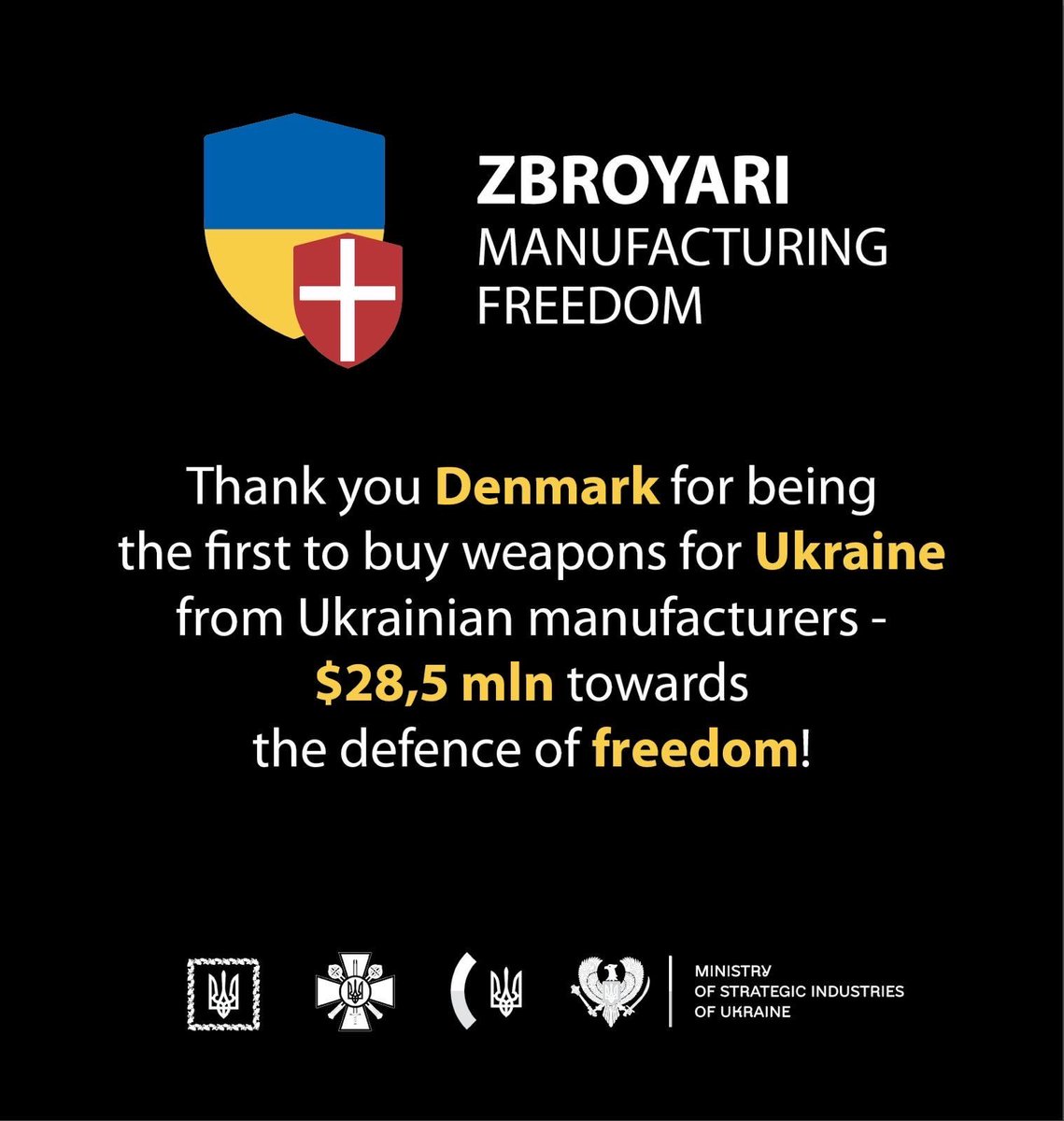 Yesterday, we have received the first donation for our project. Denmark has agreed to allocate 200 million Danish kroner ($28.5 million) for the procurement of Ukrainian weapons for the Ukrainian Armed Forces. 🇺🇦🇩🇰