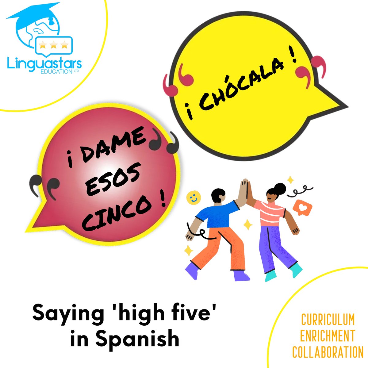 💡Did you know it's #NationalHighFiveDay today? Make someone's day by saying it in Spanish! #languages #educhat #primary #school #teach #learn #edutwitter
