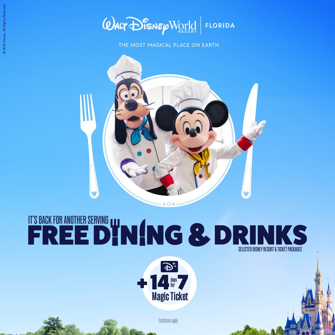 Free Dining &amp; Drinks is back for another serving! Book your 2025 Florida holiday to Walt Disney World Resort today: kenwoodtravel.co/disneydining ✨