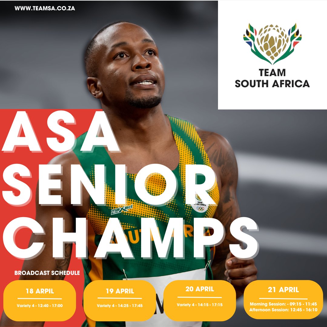 Starting blocks ready! 🏁 Watch our elite runners chase glory at the @AthleticsSA_ Senior Champs, live on @SuperSportTV Variety 4, 18-21 April! 💥 Dive into the sprints and leaps of #TeamSA's best. @MrPriceSport #TeamSA #ForMyCountry #RoadToParis