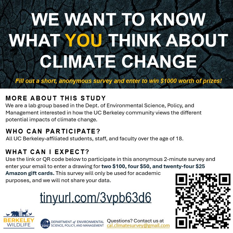 UC Berkeley folks- please take two minutes to respond to my lab groups 2-3 minute survey on climate change. You may even win a prize! tinyurl.com/3vpb63d6 All shares/retweets are appreciated 🙏🏼
