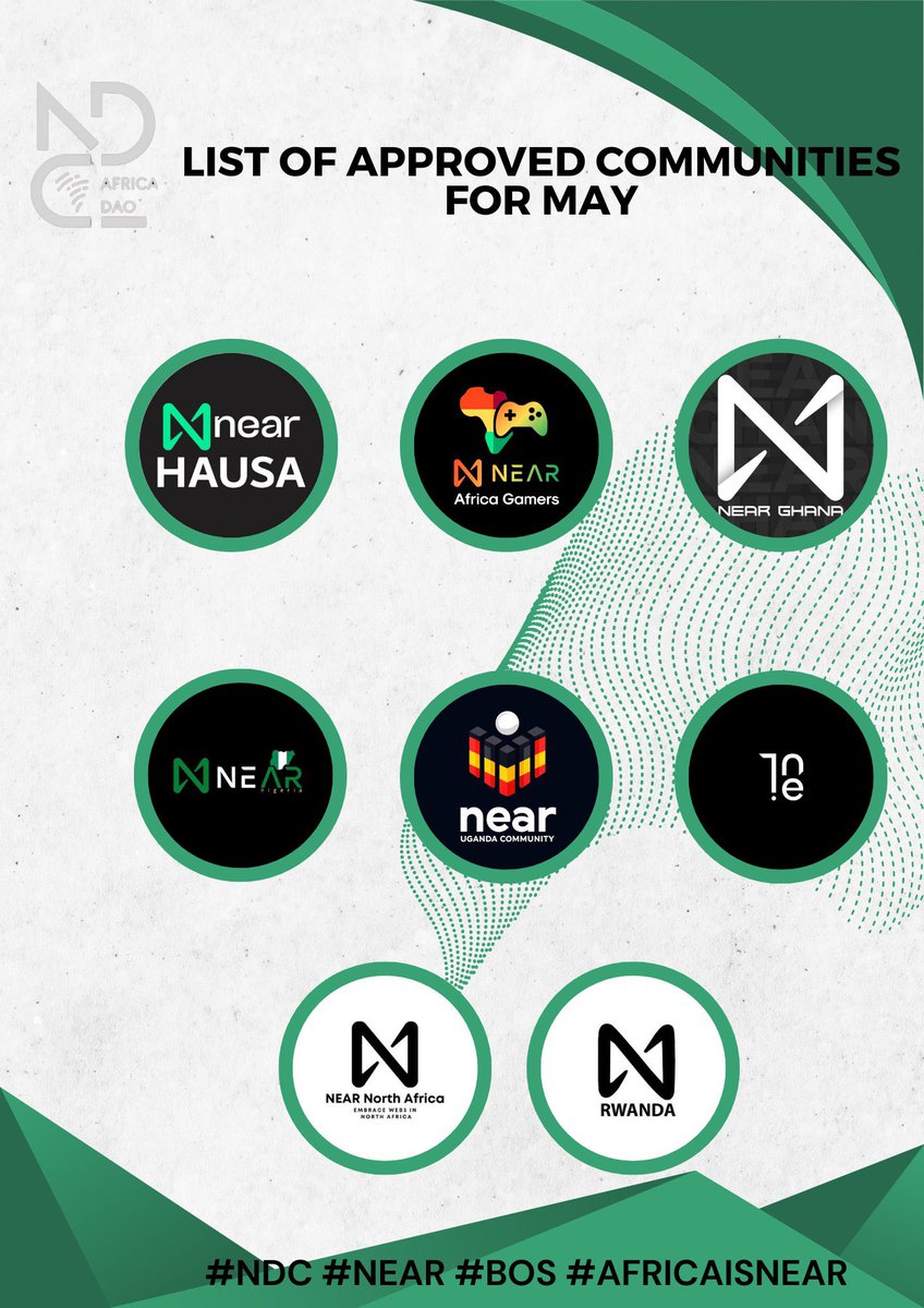 🌟 Just can’t get any better with @NearAfricaDAO! Here are the listed communities approved for May by the best in approving and nurturing potential. Cheers to growth and success! 🚀 #CommunityStrong #NearAfrica #UnlockingPotential 🌍✨
#NEAR #NDC #FDAO #BOS