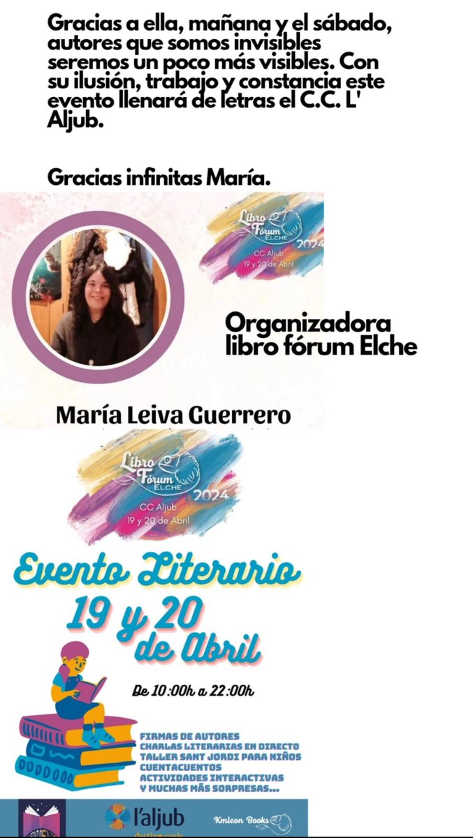 AlonMZ's tweet image. Mañana por fin empieza el #LibroForumElche2 en el CC l’aljub y no os lo podéis perder!! Gracias a @MariaLeivag @Literaturelx_ @KmleonBooks y por cierto,@angelmartin_nc échanos una mano y nómbranos en tu noticiario!!🙏🏻 #YoVoyAlLibroForumElche2