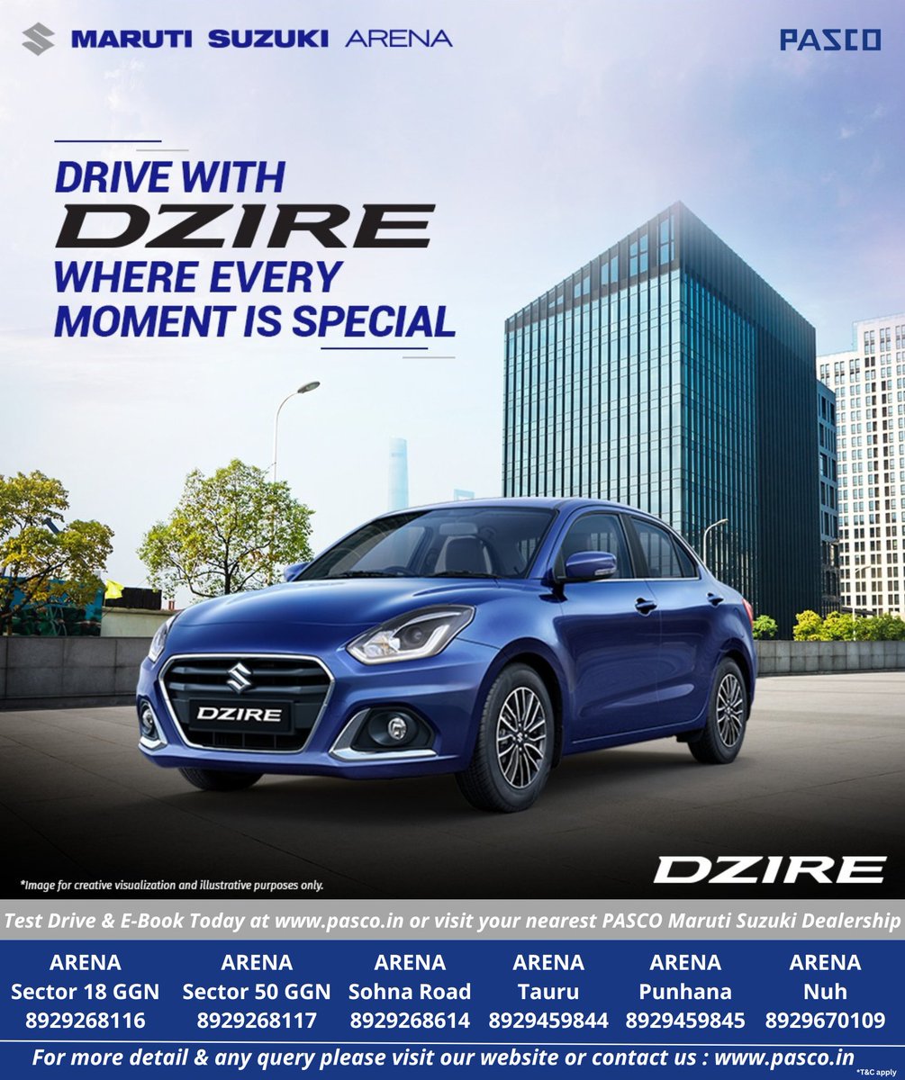 Step into the Maruti Suzuki Dzire, where comfort meets sophistication, and every journey becomes a celebration of style.

For booking & any info visit our website: pasco.in
or Contact us @ 8929268116

#MarutiSuzuki #MarutiSuzukiArena #MSARENA #MSDzire 

*T&C Apply