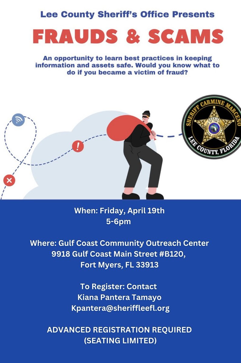 Join us TOMORROW, 4/19, from 5-6PM at our Gulf Coast Town Center Community Outreach Center for our 𝐅𝐫𝐚𝐮𝐝𝐬 & 𝐒𝐜𝐚𝐦𝐬 𝐢𝐧𝐟𝐨𝐫𝐦𝐚𝐭𝐢𝐨𝐧 𝐬𝐞𝐬𝐬𝐢𝐨𝐧! Check the flyer for details on how to register! Seats fill up fast 🤩💸
