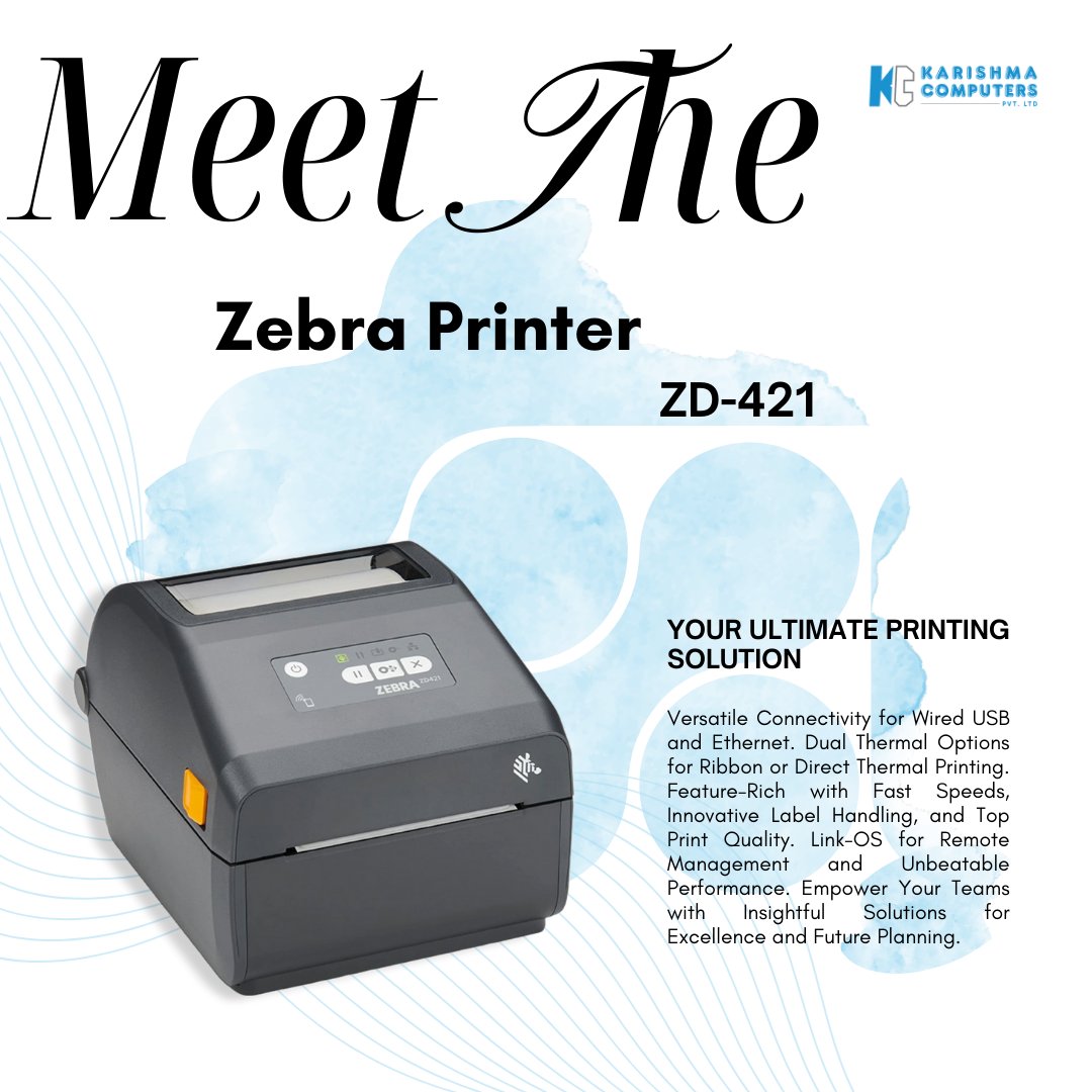 Elevate your business printing with the Zebra printer ZD-421! Designed for efficiency with a max input sheet capacity of 250, automatic duplex printing, and USB connectivity. Perfect for streamlining your workflow. #Zebra #ZD421 #BusinessPrinting
#KarishmaComputers #ZebraPrinters