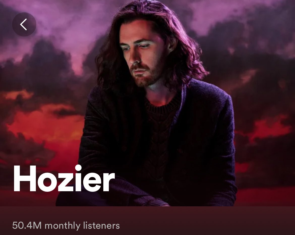 📈| In ten days, Hozier has gained over 10 million monthly listeners on Spotify, surpassing 50 milllion now!! We are proud, sir 🥹🖤