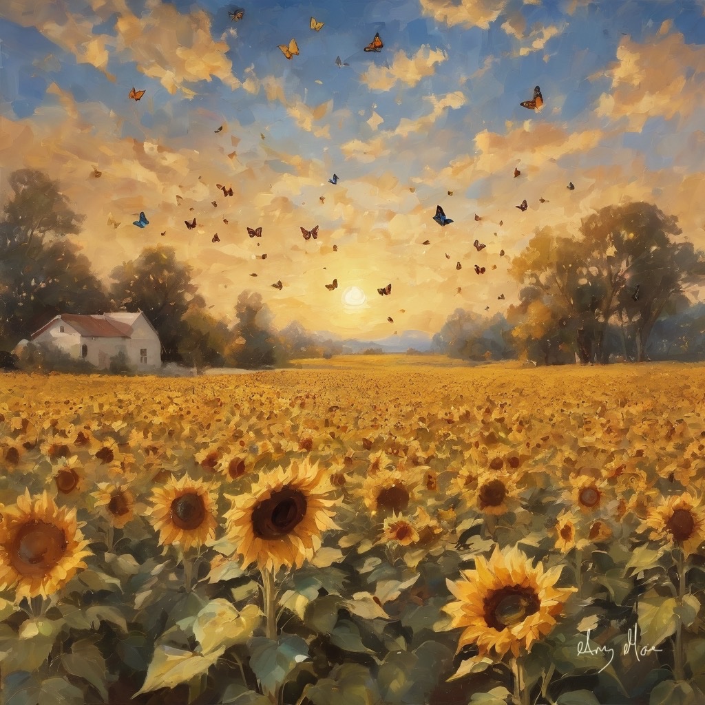 PROMPT: A sunflower field bathed in golden sunlight, with butterflies fluttering among the blooms Excited to see 🌻 art! #PromptShare