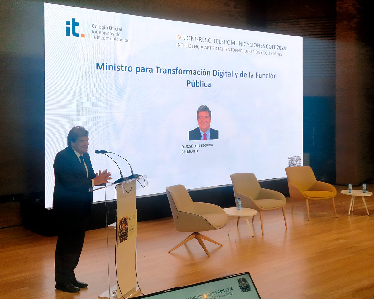 joseluisescriva's tweet photo. Un placer participar en el #IVCongresoTelecomunicacionesCOIT2024, donde he resaltado:
-El gran nivel de los ingenieros de telecomunicación 🇪🇸
-Su protagonismo en el desarrollo ético de la #IA
-El proyecto piloto para atraer talento TIC a las AAPP con un sistema similar al MIR🩺 https://t.co/531uFVqkNa
