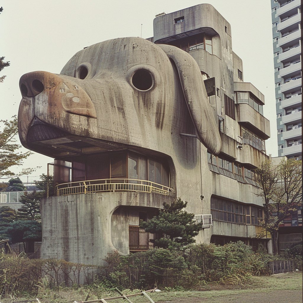 mashunishikawa's tweet photo. #架空昭和史 
「犬築住宅」
世界的な犬築家の隈犬吾による犬築住宅は、住人の愛犬をモチーフにしたデザイン性の高さはさることながら、住宅としての機能性も充分に兼ね備えており、世界中の愛犬家たちが憧れを抱き、なかにはわざわざ日本へ移住する外国人もいたと言う。 https://t.co/rUoFHZzMt4