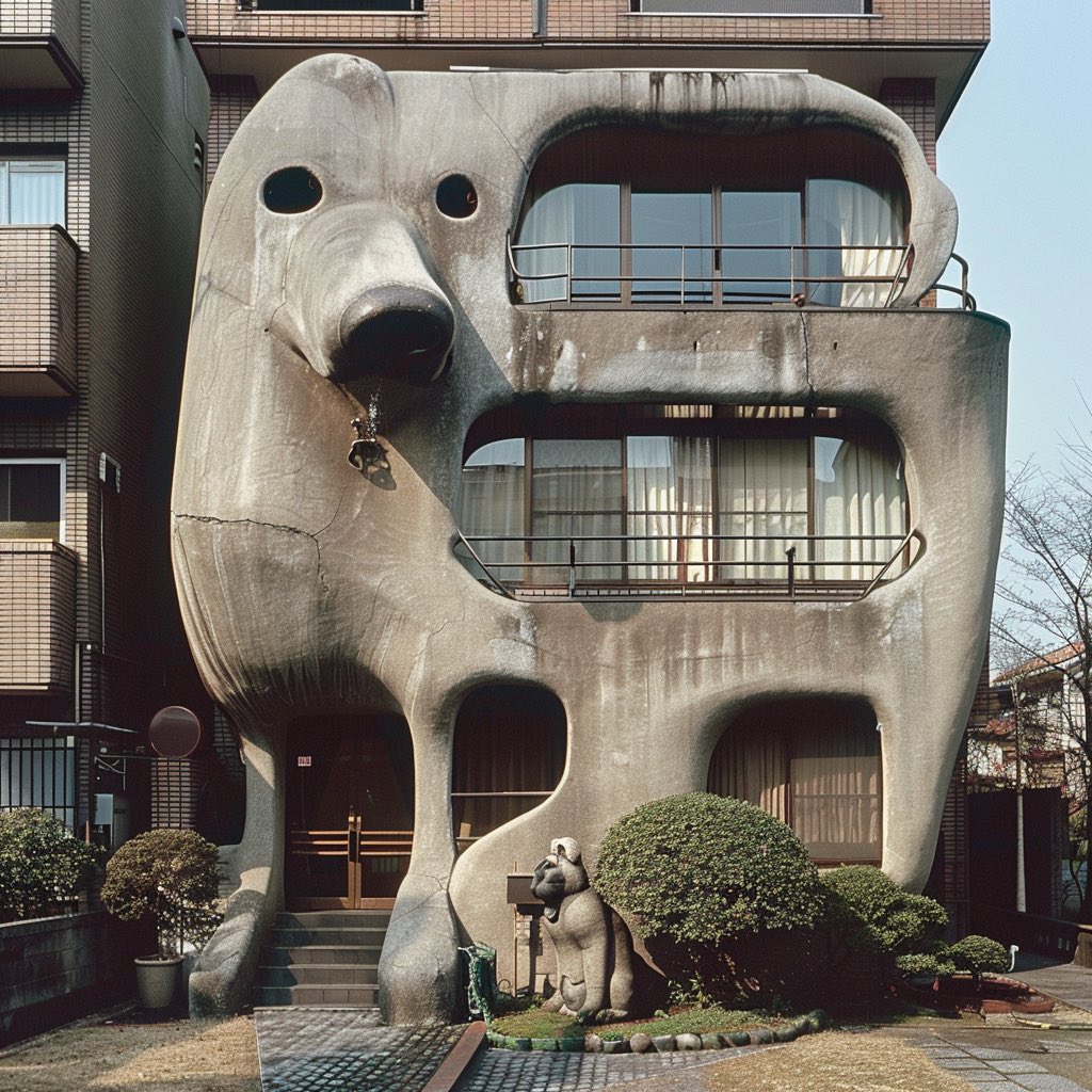 mashunishikawa's tweet photo. #架空昭和史 
「犬築住宅」
世界的な犬築家の隈犬吾による犬築住宅は、住人の愛犬をモチーフにしたデザイン性の高さはさることながら、住宅としての機能性も充分に兼ね備えており、世界中の愛犬家たちが憧れを抱き、なかにはわざわざ日本へ移住する外国人もいたと言う。 https://t.co/rUoFHZzMt4