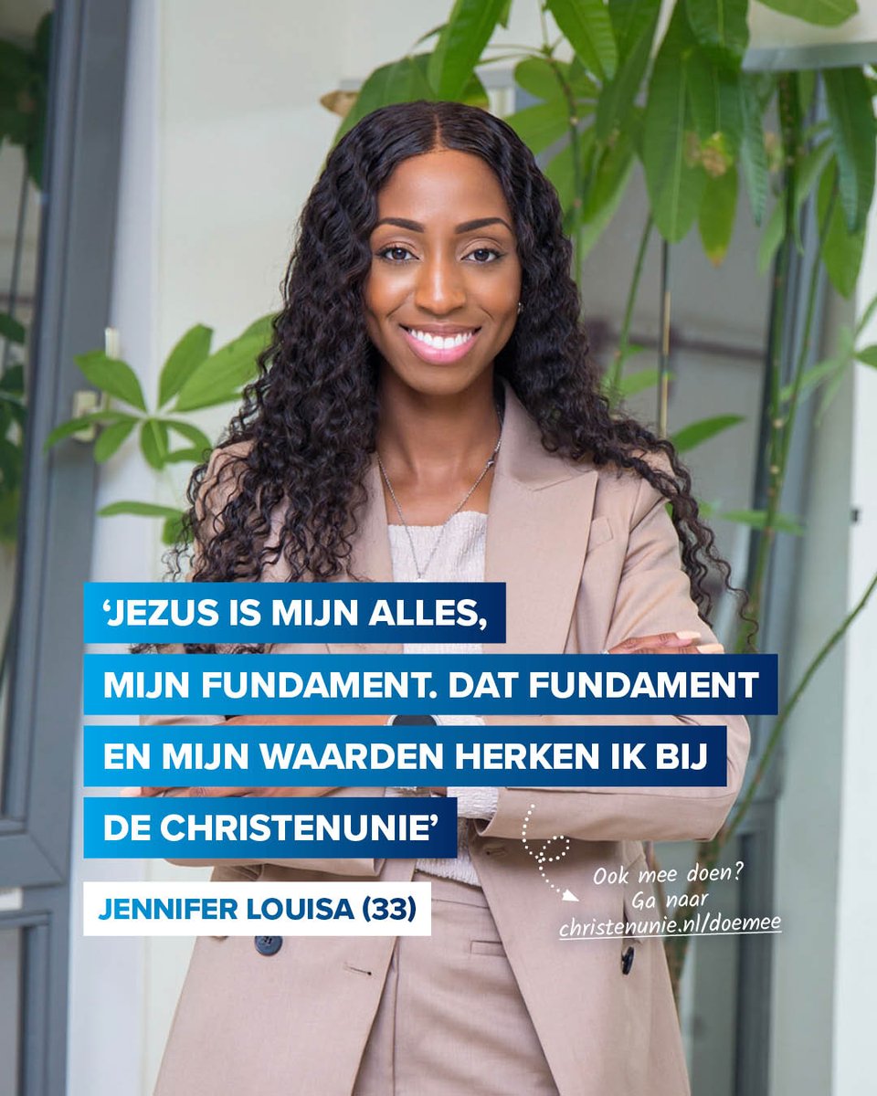 Jennifer Louisa is een van onze enthousiaste vrijwilligers. ‘’Jezus is mijn alles, mijn fundament. Dat fundament en mijn waarden herken ik bij de ChristenUnie. Begin vorig jaar werd ik lid en heb ik mij aangemeld voor het campagneteam.' Meedoen? christenunie.nl/nl/doemee