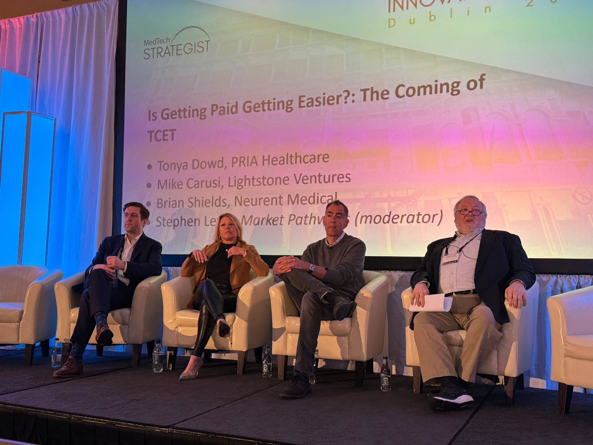 Next in line at #InnovationDublin24 is the “Is Getting Paid Getting Easier?: The Coming of TCET,” moderated by @StephenLevinMTS of @Market_Pathways: 

• Tonya Dowd, @PRIAHealthcare
• Mike Carusi, @LightstoneVC 
• Brian Shields, @neurentmedical