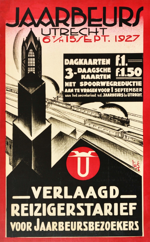 Original #vintage #poster of the day - Jaarbeurs Utrecht verlaagd reizigerstarief voor Jaarbeursbezoekers Reduced train fares (1927) Artist: H. C. Pieck → antikbar.co.uk/original_vinta… #Jaarbeurs #Fair #Railway #Travel #ArtDeco #Design #DeInktpot #Inkwell #Building #Architecture