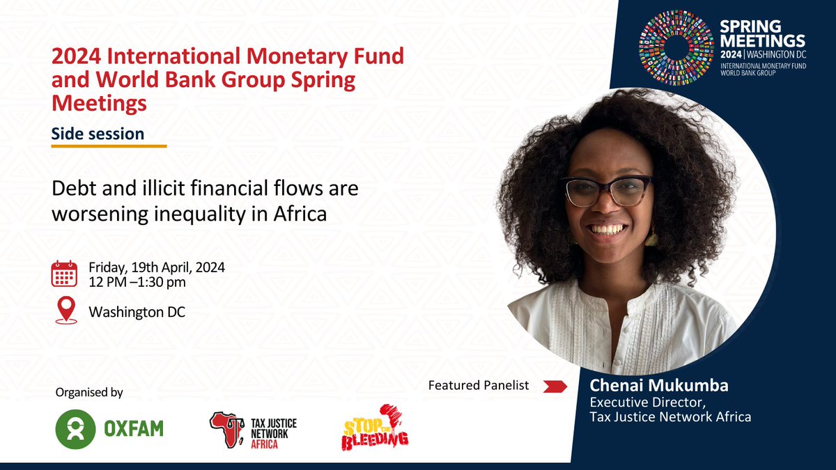 📢 TJNA Executive Director @chenaimukumba will be a panelist at #WBGMeetings during a session themed “Debt and illicit financial flows are worsening inequality in Africa” organised by @Oxfam and TJNA on Friday 19th April 2024. Read more> tjna.me/3JgoYqX