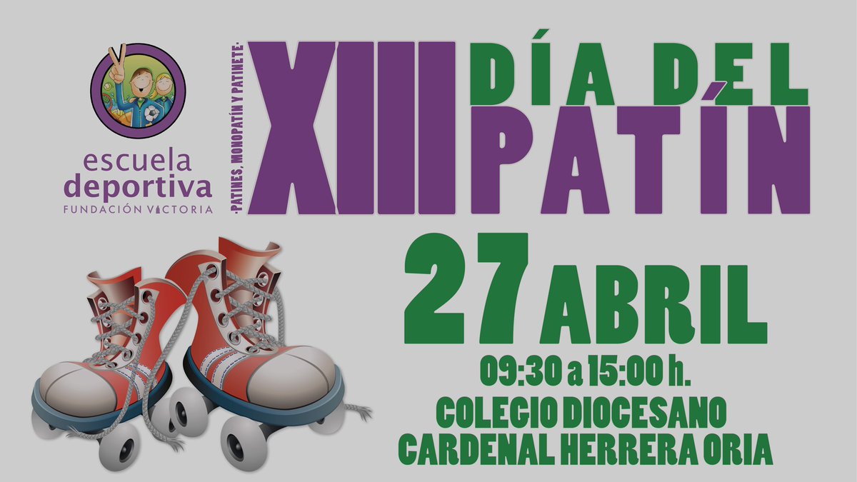📣 #Evento | ¡DISFRUTA DEL XIII #DíadelPatín DE FUNDACIÓN VICTORIA! 🛴

📅 Sábado 27 de abril
🕓 09:30 a 15:00 h.
📍 #ColegioDiocesano Cardenal Hierra Soria

ℹ️ ¡Conoce todos los detalles en la #Web oficial del evento!: escueladeportiva.fvictoria.es/dia-del-patin-…
 
#SomosEscuelaDeportiva