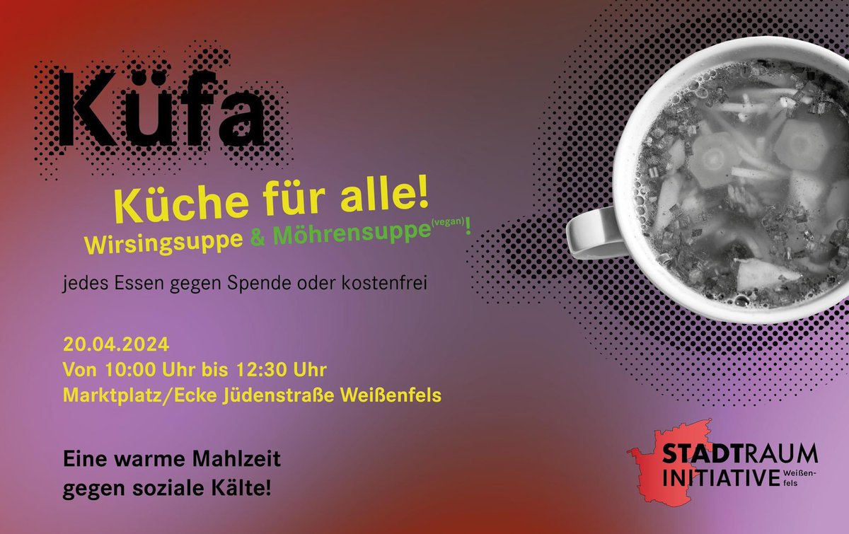 Am Samstag begrüßen wir euch wieder zur Küche für alle!

Dieses Mal gibt es Wirsingeintopf und eine vegane Möhrensuppe geben!
Kommt gern wieder vorbei und holt euch eure Portion(en)!

Ihr wollt mithelfen? Einfach melden!