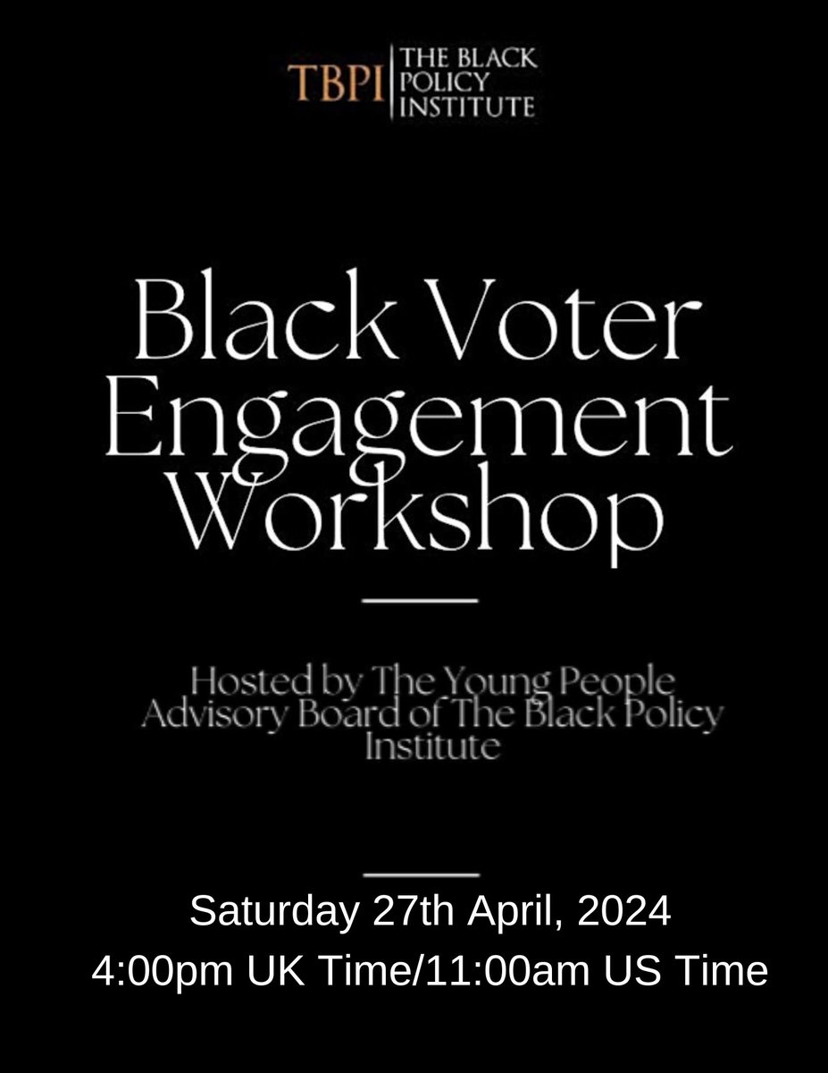 *Reschedule*
The Black Policy Institute's Voter Engagement is now scheduled for Workshop on April 27th, 2024, 11:00am ET/4:00pm GMT/6:00pm EAT. Definitely don't want to miss this event! Please use the sign up form to register: eventbrite.com/e/black-voter-…