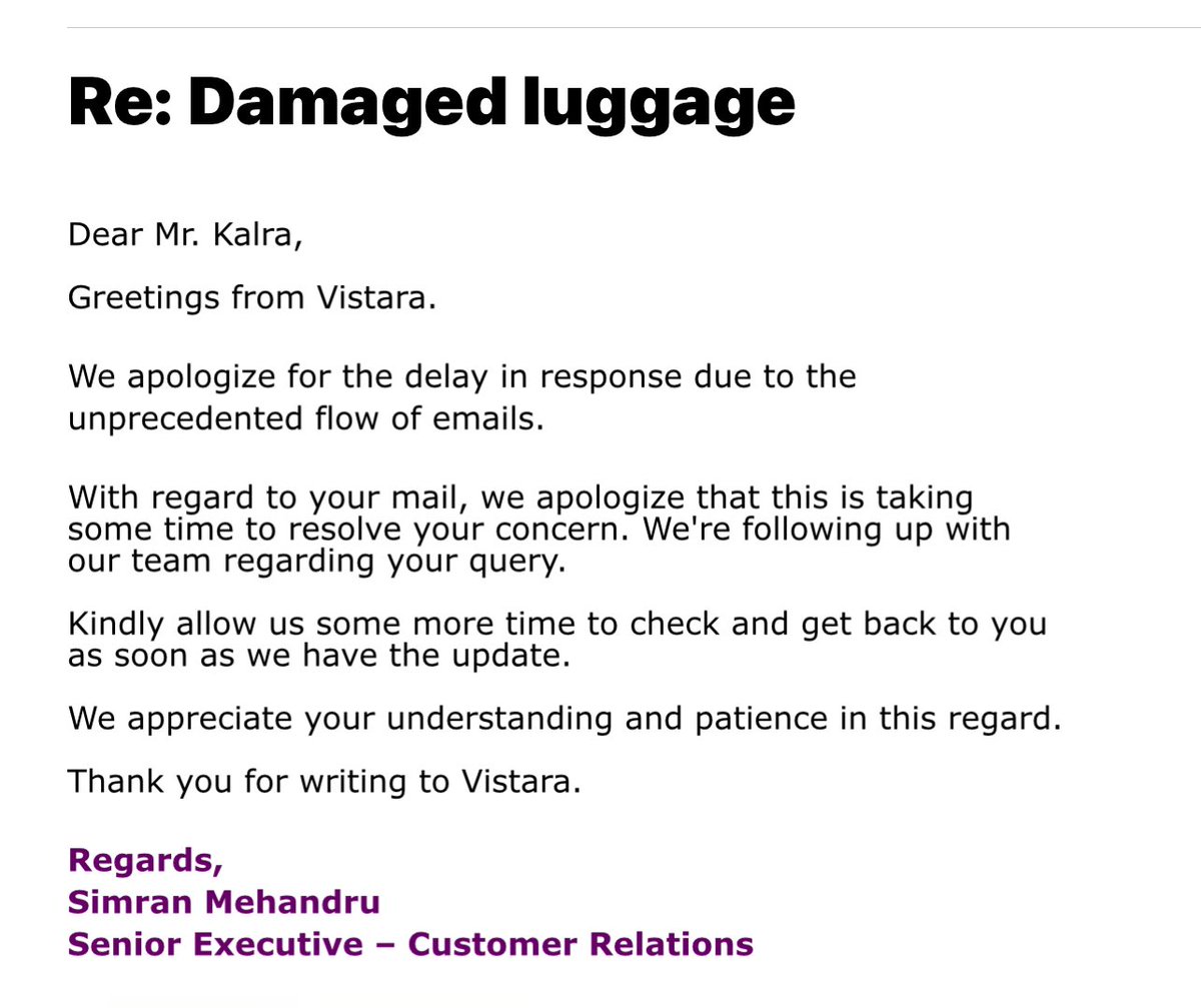 SunilKalra4's tweet photo. @airvistara Here is a copy of the latest “say nothing” response from yr team 
Perhaps this will make it easier for you to find the details https://t.co/yaeZRL7OMw