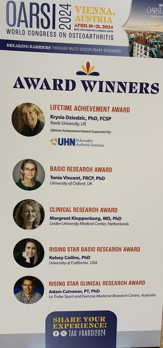 Congratulations to our #OARSI2024 award winners! Come celebrate them today at 5:30pm at the Opening Ceremony & Awards Recognition session!