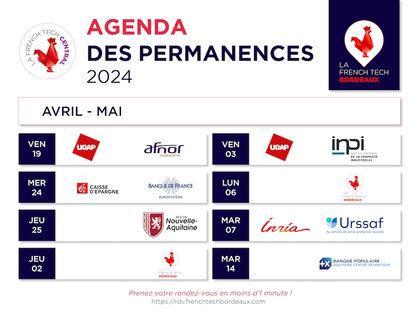 FrenchTechBdx's tweet photo. Profitez de vos RDV #FrenchTechCentral d'avril-mai dès maintenant ! 🚀
Bénéficiez de l'expertise de @AFNOR, @Caisse_Epargne, @banquedefrance, @NvelleAquitaine, @ugap, @INPIFrance, @Inria, @urssaf et la @BanquePopulaire 🤝
Vos créneaux 👉 https://t.co/mjxsbIb8Ek https://t.co/v5rFh0L0lb