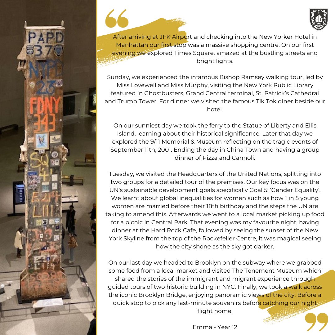 BR_Sch's tweet photo. Psychology and Sociology Sixth Form students took part in a 5-day trip to New York over the Easter Break visiting sites specifically chosen to enrich their syllabus.
Year 12 student Emma has shared a summary of the groups time in New York. #BRLearning #BRLoving #BRLiving https://t.co/VScDTkG9kO