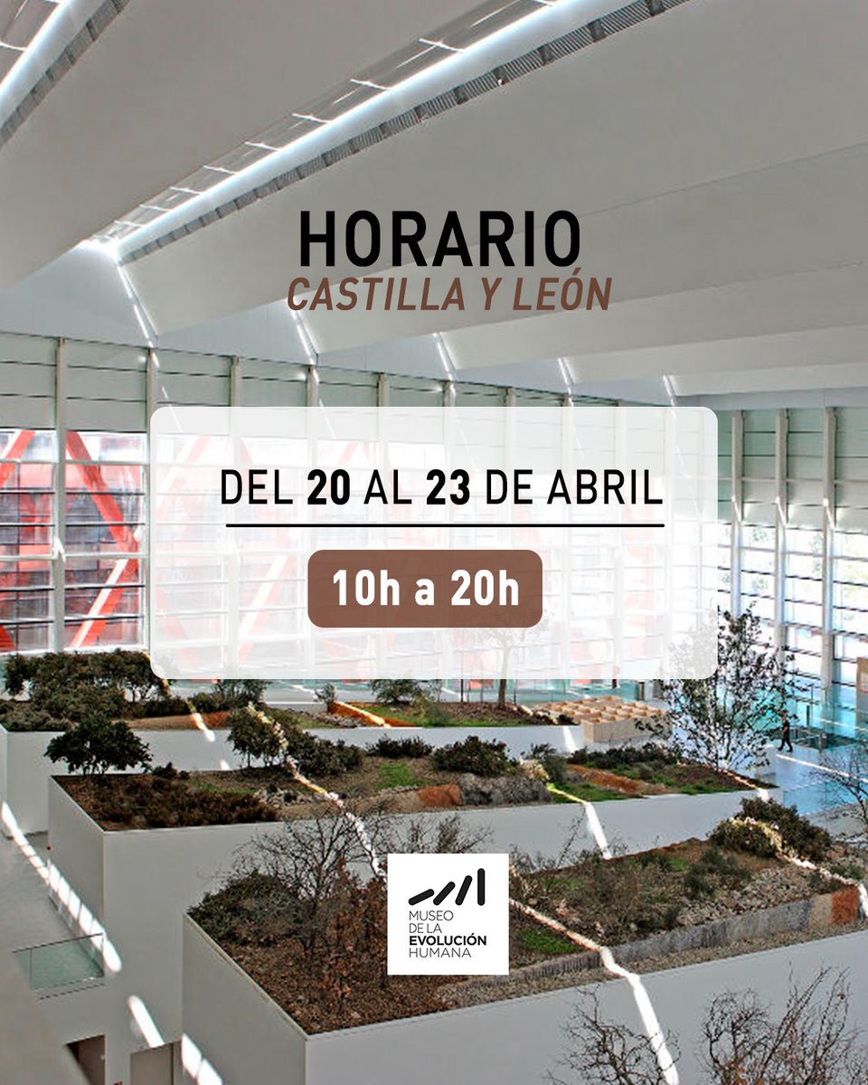 HORARIO DEL 20 AL 23 DE ABRIL ⌚ El Museo de la Evolución Humana permanecerá abierto en horario de 10h a 20h del 20 al 23 de abril. 🗓️ El martes, 23 de abril, Día de Castilla de Castilla y León, la entrada al MEH será gratuita. ¡Os esperamos! 👋🏼